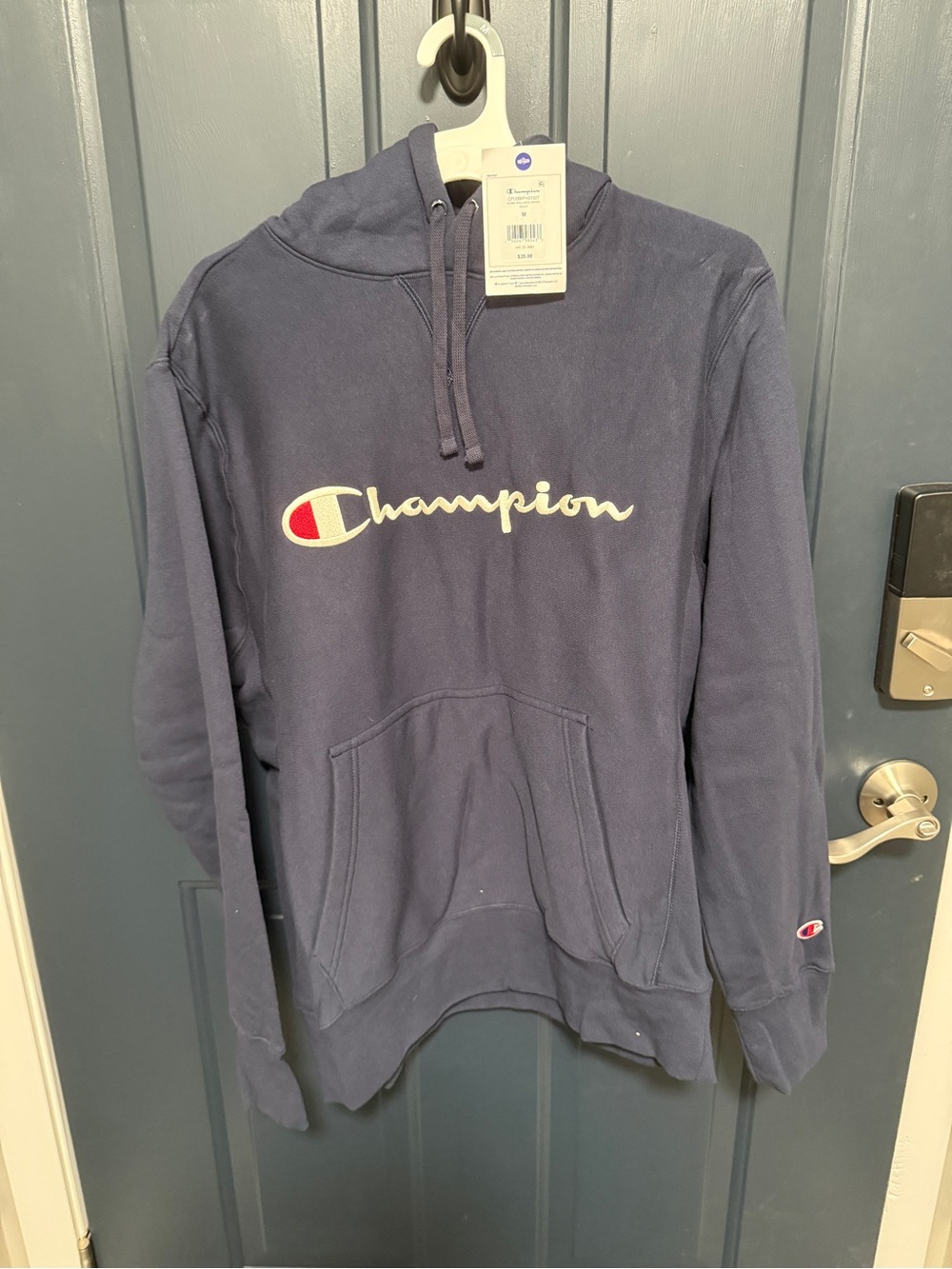 Champion Navy Blue Crewneck Hoodie with Script Logo